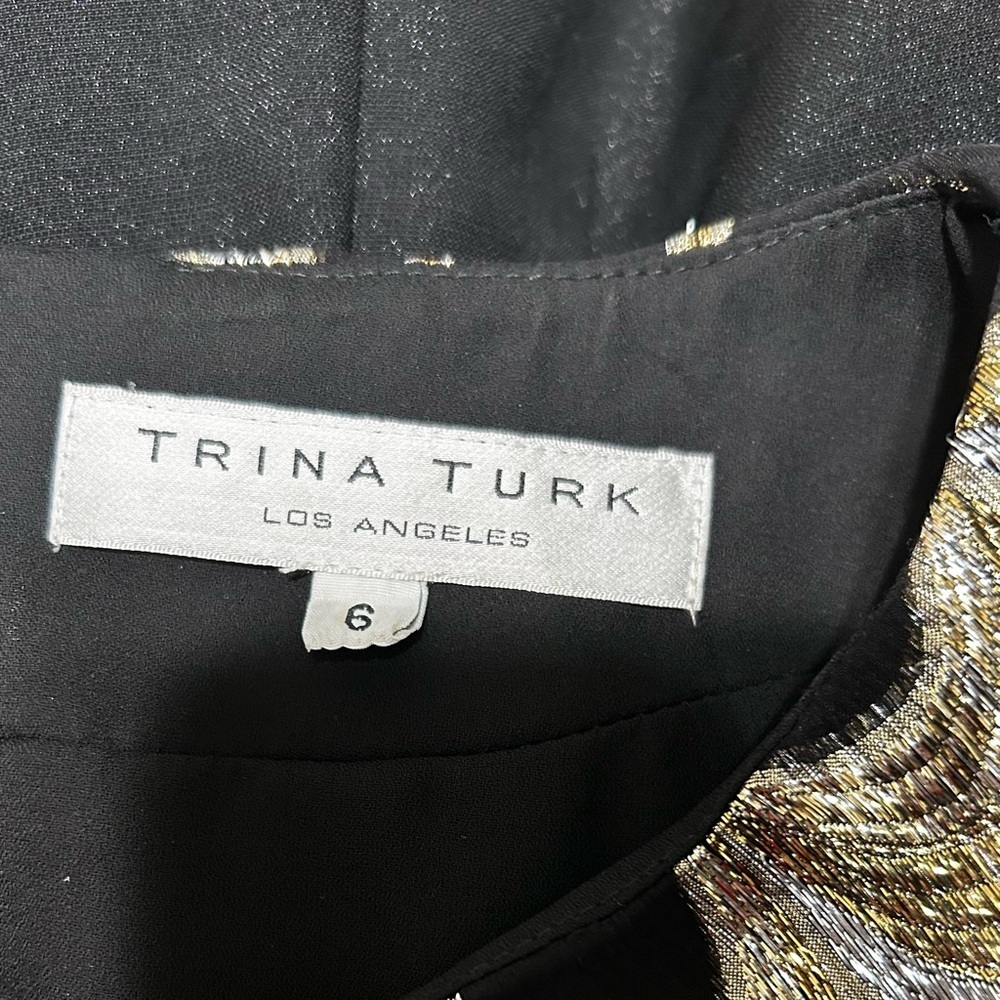 Trina Turk Black Metallic Embroidered Dress Size 6 Wool Silk Blend Mob Wife - Picture 6 of 7